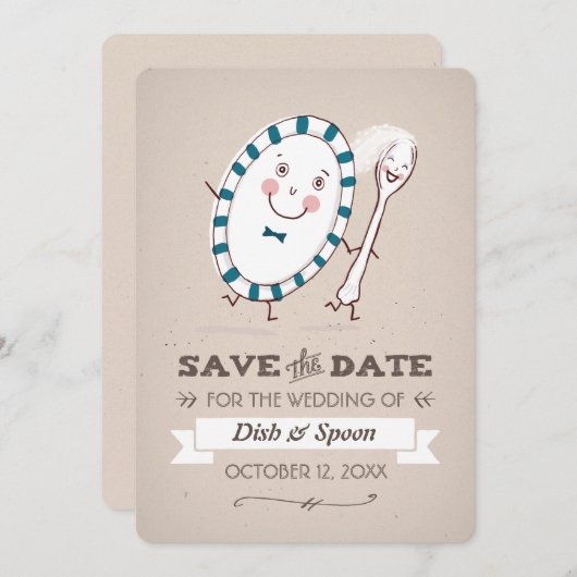 Dish Runs Away with Spoon Wedding Bewaar de datum Save The Date (Voorkant / Achterkant)