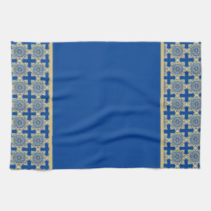 Dish Towel met blauwe en gouden medaillons Theedoek