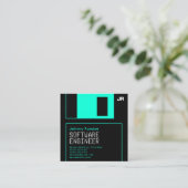 Diskettestation zwarte cyaan retro-stijl vierkante visitekaartje (Staand voorkant)