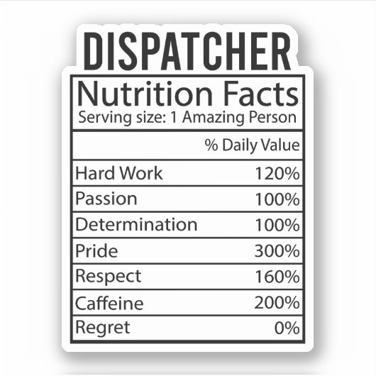 Dispatcher Nutrition Facts, Funny Dispatcher Gifts Sticker (Voorkant)