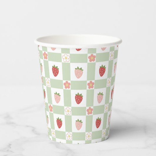 Disposable Strawberry Gingham Pastel Green Papieren Bekers (Achterkant)