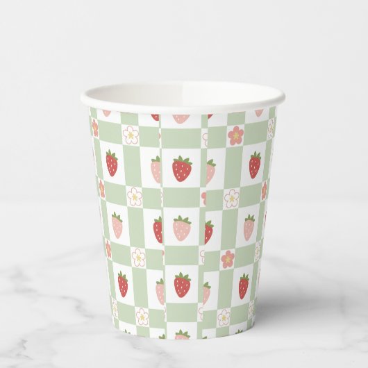 Disposable Strawberry Gingham Pastel Green Papieren Bekers (Links)