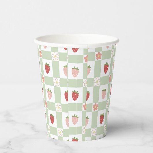 Disposable Strawberry Gingham Pastel Green Papieren Bekers (Rechts)