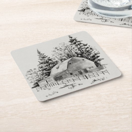 Distant Barn Sketch I Kartonnen Onderzetters (Schuin)