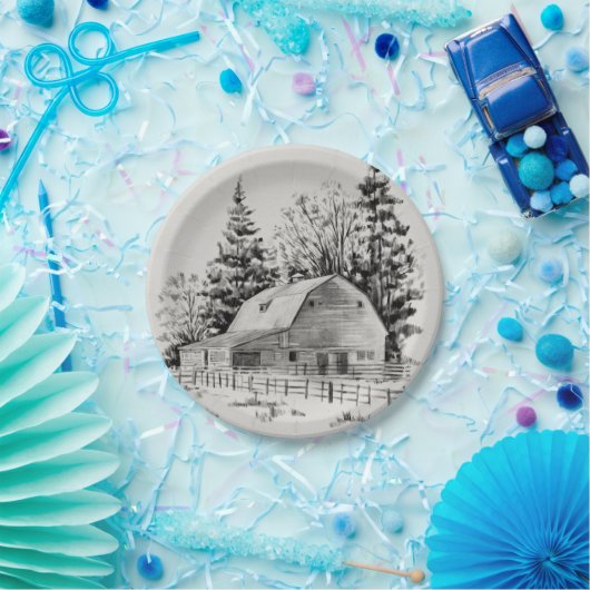 Distant Barn Sketch I Papieren Bordje (Feest)