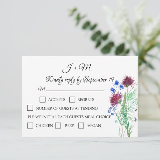 Distel Bloem Schotse Watercolor Huwelijk RSVP (Staand voorkant)