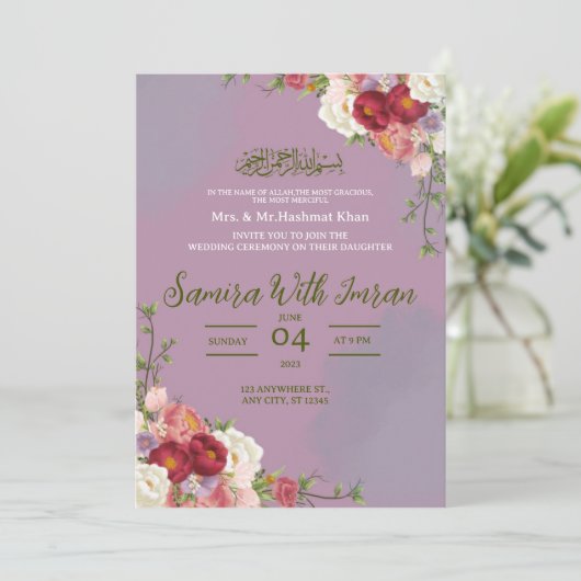 Distel en Groen Bloemen Moslim bruiloft Uitnodigin Kaart (Staand voorkant)