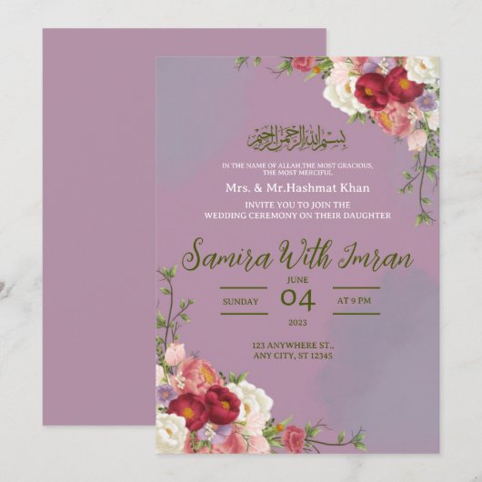 Distel en Groen Bloemen Moslim bruiloft Uitnodigin Kaart (Voorkant / Achterkant)