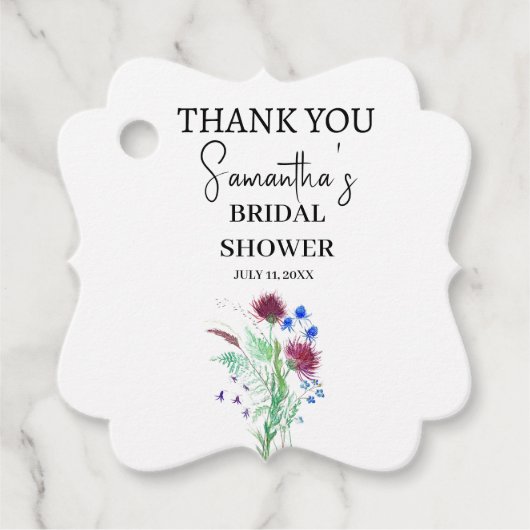 Distel Paarse Bloemen Schots Boho Bruidsfeest Bedankjes Labels (Voorkant)