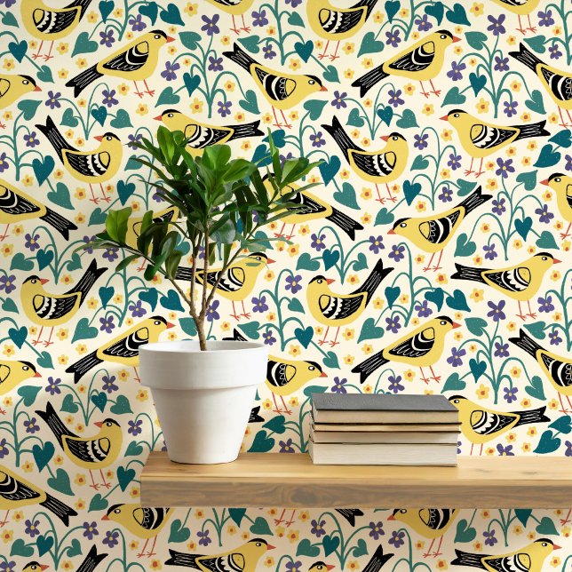 Distelvink en houtviooltje vogel bloem behang (Goldfinch bird and Wood Violet wild flower block print arts and crafts style wallpaper)