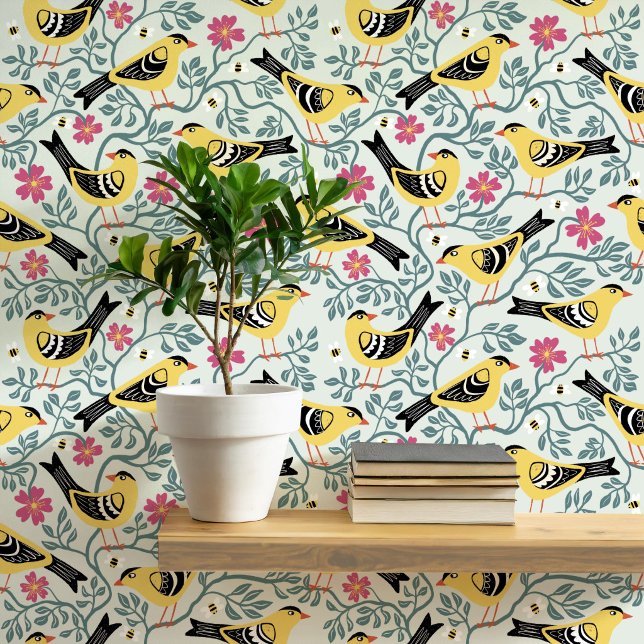 Distelvink en Prairie Rose Vogel Bloem Behang (Eastern Goldfinch Wild Prairie Rose bird and flower with bees arts and crafts block print wallpaper)