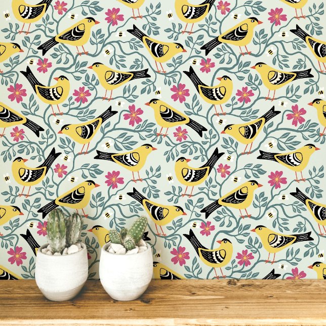 Distelvink en Prairie Rose Vogel Bloem Behang (Eastern Goldfinch Wild Prairie Rose bird and flower with bees arts and crafts block print wallpaper)