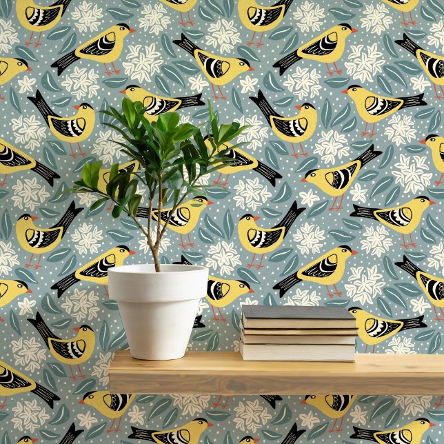Distelvink en Rhododendron Vogel Bloem Behang (Willow Goldfinch Coastal Rhododenron bird and flower wallpaper)