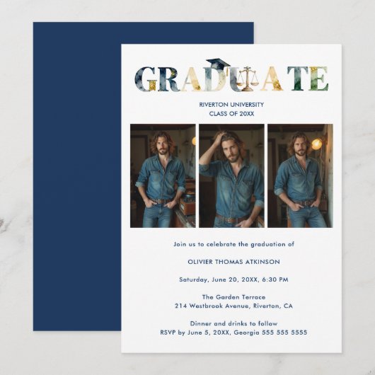 Distinguished Navy Blue Grad Law 3-Photo Layout Kaart (Voorkant / Achterkant)