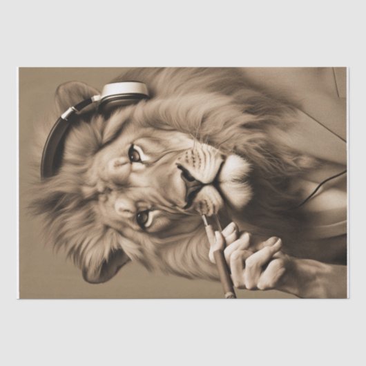 Distinguished Smoking Lion in koptelefoon decoupag Tissuepapier (Voorkant)