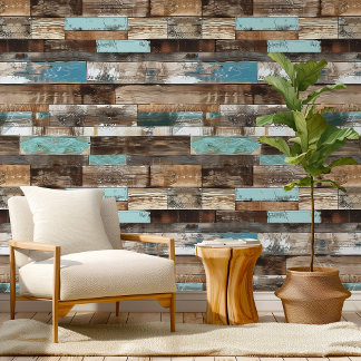 Distress Beachwood Hor Blauw Bruin Patroon Kamer Behang