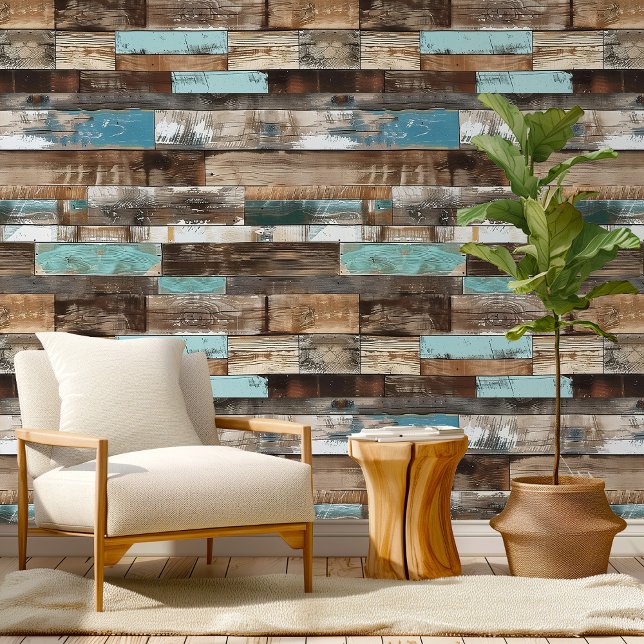 Distress Beachwood Hor Blauw Bruin Patroon Kamer Behang (Distress Beachwood Hor Blue Brown Pattern Room Wallpaper)
