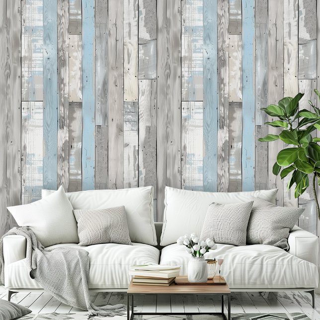 Distress Beachwood Ver Blauw Grijs Patroon Kamer Behang (Distress Beachwood Vertical Blue Gray Room Office Wallpaper)