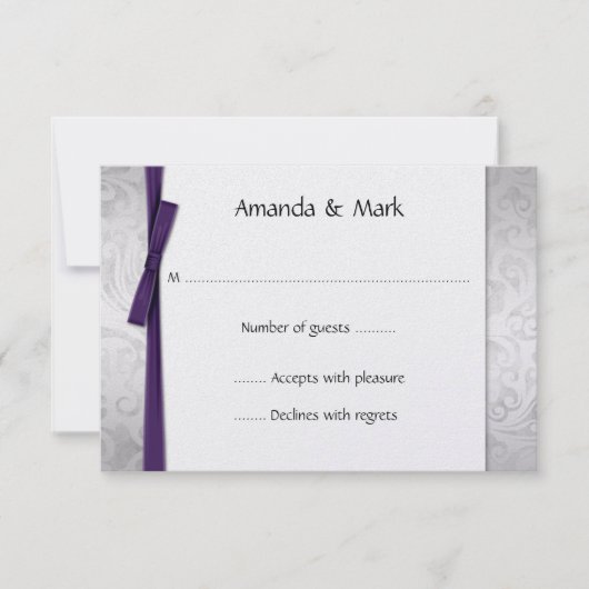 Distress Silver Damask Paars Ribbon Bow RSVP Kaartje (Voorkant)