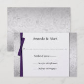 Distress Silver Damask Paars Ribbon Bow RSVP Kaartje (Voorkant / Achterkant)