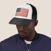 Distressed American Flag Patriotic Trucker Hat Pet (In situ)