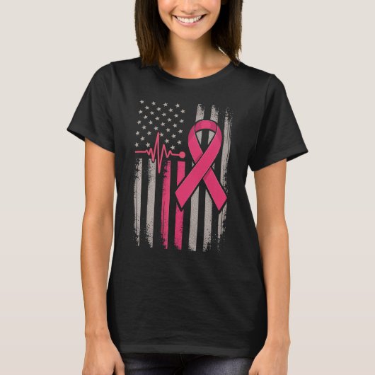 Distressed American Flag Pink Ribbon borstkanker T-shirt (Voorkant)