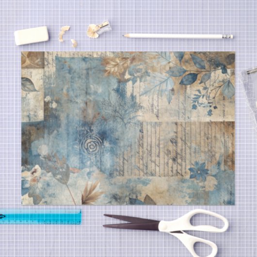 Distressed Ephemera Collage in Blue and Beige Tissuepapier (Craft)