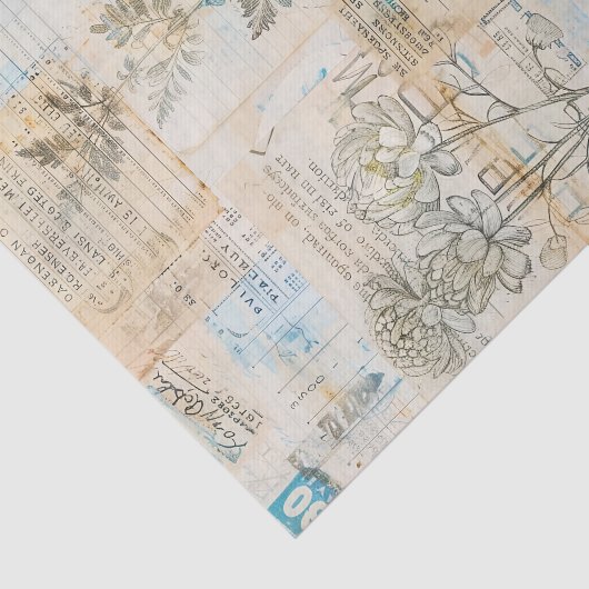 Distressed Ephemera Collage with Blue Highlights Tissuepapier (Detail)