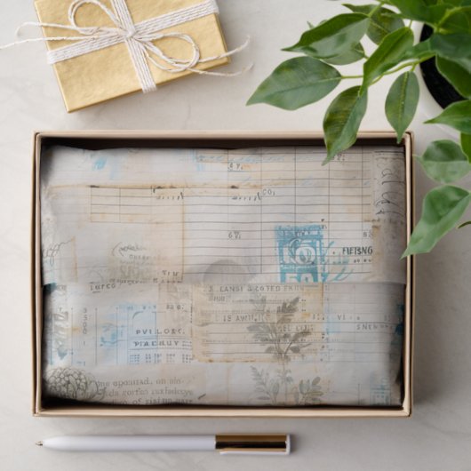 Distressed Ephemera Collage with Blue Highlights Tissuepapier (Geschenk)