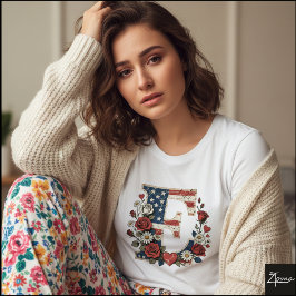 Distressed Flag Letter E Floral Wreath T-shirt