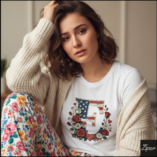 Distressed Flag Letter E Floral Wreath T-shirt