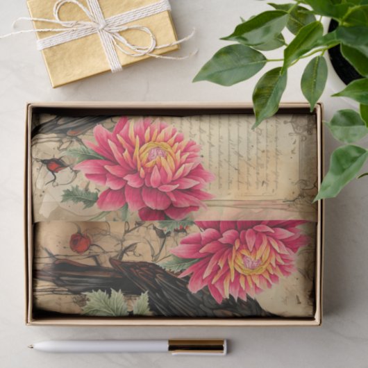 Distressed  geïnspireerde roze bloemen en raven tissuepapier (Geschenk)