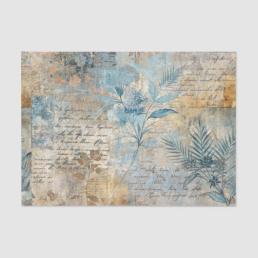 Distressed Grungy Blue Floral Ephemera Collage Tissuepapier (Voorkant)