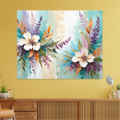 Distressed Kleurrijke Bloemen op Blauw Beige Wit Canvas Afdruk (Insitu (Woonkamer))