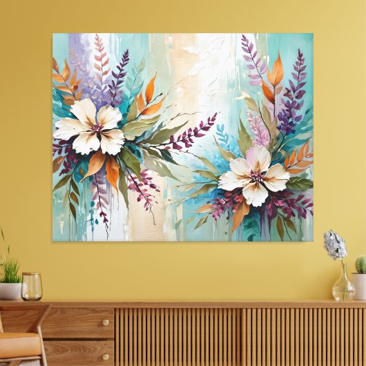 Distressed Kleurrijke Bloemen op Blauw Beige Wit Canvas Afdruk (Insitu (Woonkamer))