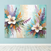 Distressed Kleurrijke Bloemen op Blauw Beige Wit Canvas Afdruk (Insitu (Houten vloer))