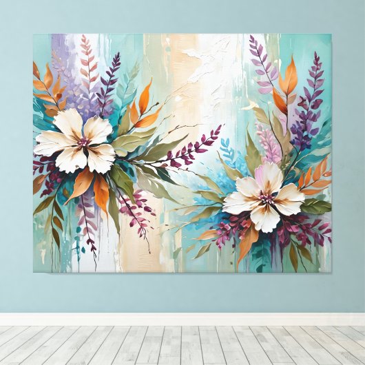 Distressed Kleurrijke Bloemen op Blauw Beige Wit Canvas Afdruk (Insitu (Houten vloer))