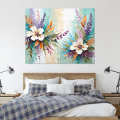 Distressed Kleurrijke Bloemen op Blauw Beige Wit Canvas Afdruk (Insitu (Slaapkamer))