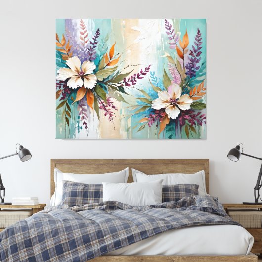 Distressed Kleurrijke Bloemen op Blauw Beige Wit Canvas Afdruk (Insitu (Slaapkamer))