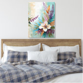 Distressed Kleurrijke Bloemen op Blauw Beige Wit Canvas Afdruk (Insitu (Slaapkamer))