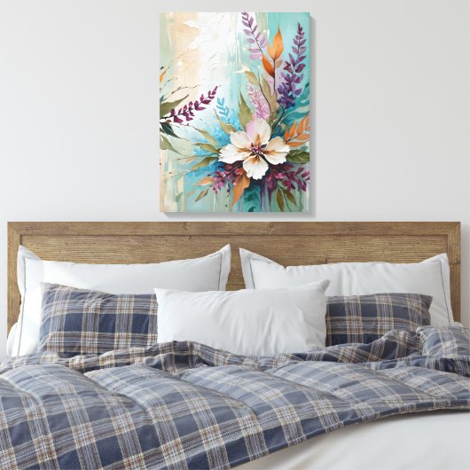 Distressed Kleurrijke Bloemen op Blauw Beige Wit Canvas Afdruk (Insitu (Slaapkamer))