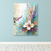 Distressed Kleurrijke Bloemen op Blauw Beige Wit Canvas Afdruk (Insitu (Houten vloer))