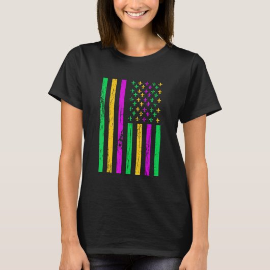 Distressed Mardi Gras American US Flag Carnival Fe T-shirt (Voorkant)