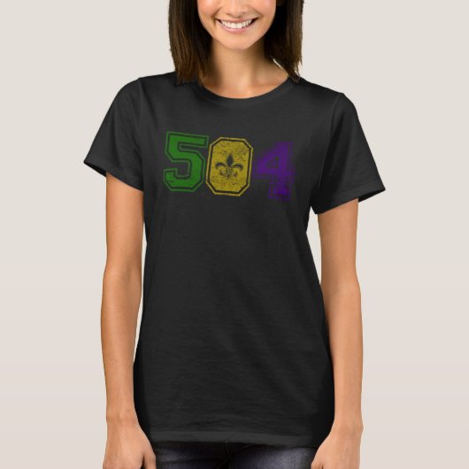 Distressed Mardi Gras Retro Fleur De Lis NOLA 504 T-shirt (Voorkant)