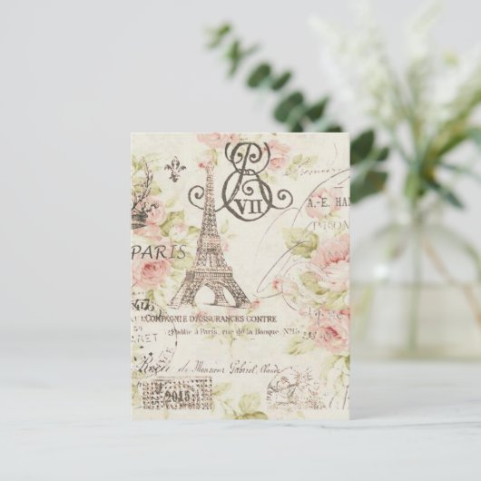 Distressed pink Floral Paris Eiffel Tower Briefkaart (Staand voorkant)