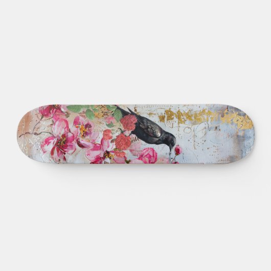Distressed Pink Florals Raven & Roses Skateboard  (Horizontaal)