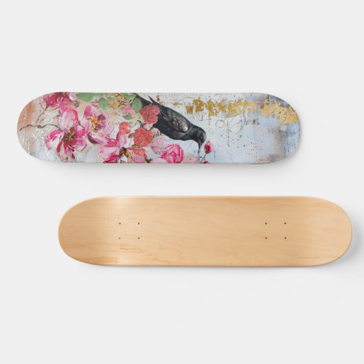 Distressed Pink Florals Raven & Roses Skateboard  (Horizontaal)