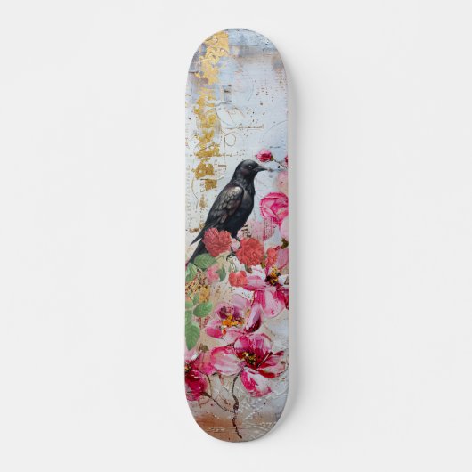 Distressed Pink Florals Raven & Roses Skateboard  (Voorkant)