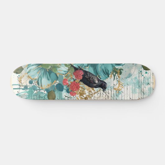 Distressed Teal Florals Raven & Roses Skateboard  (Horizontaal)