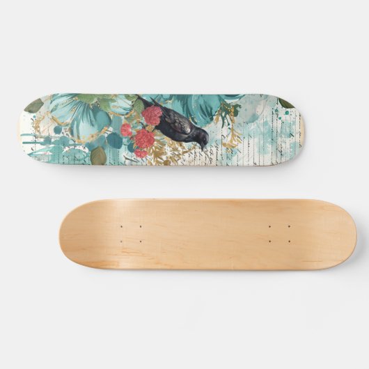 Distressed Teal Florals Raven & Roses Skateboard  (Horizontaal)